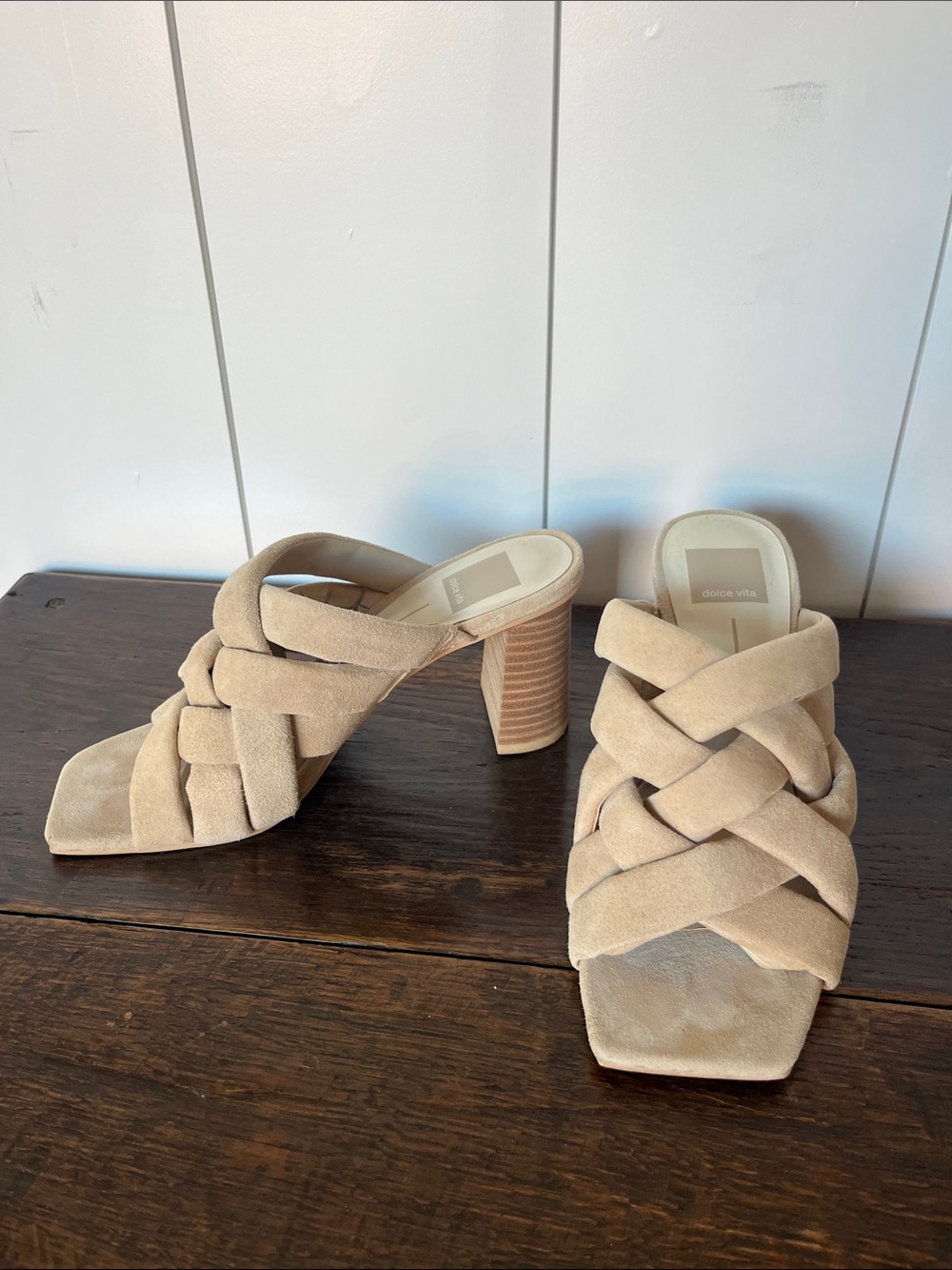 Dolce Vita Sand Beige Braided Suede Block Heel Mules